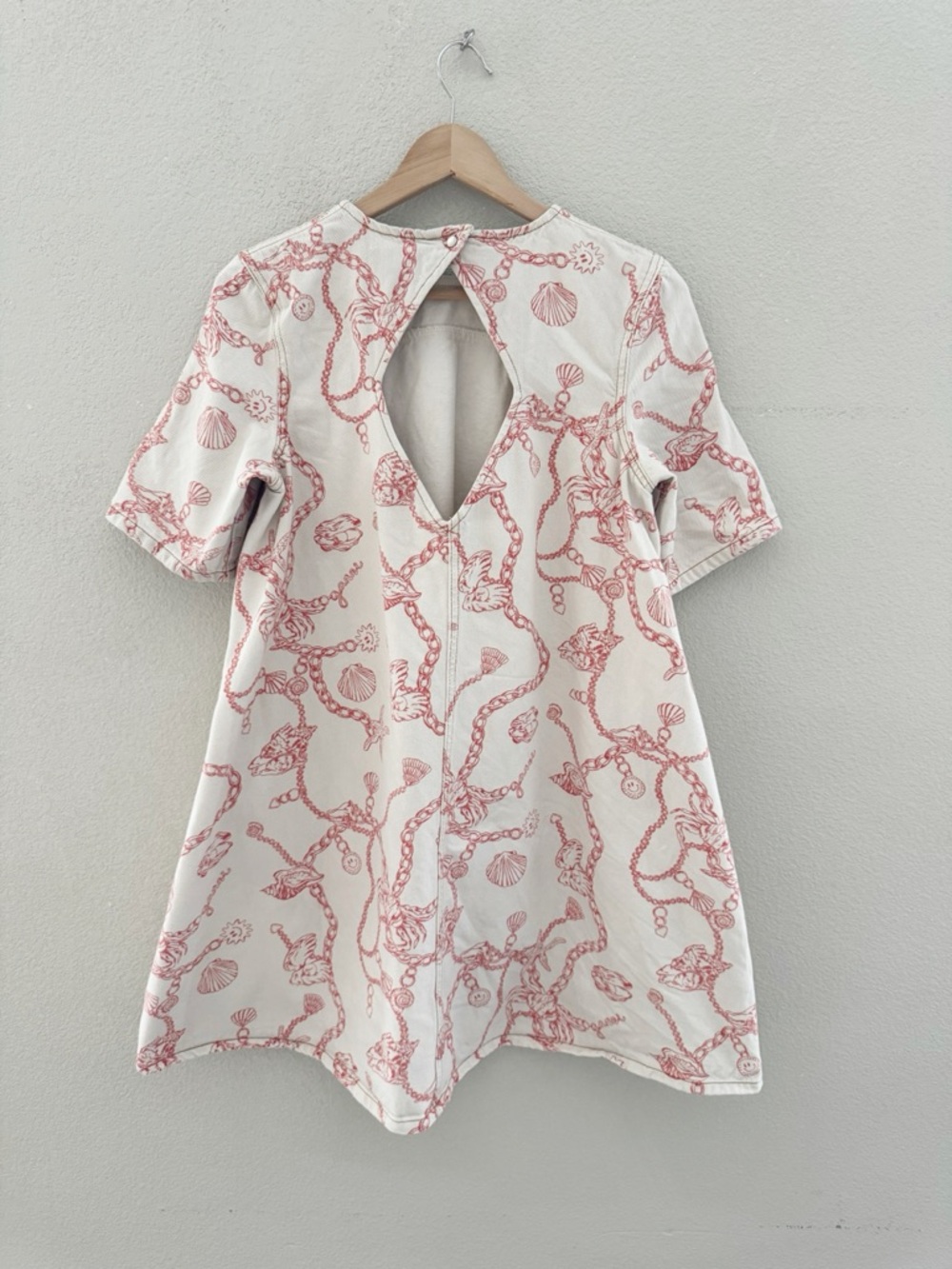 Ganni RARE Lobster Seashell Print Nautical Denim Mini Dress 4 Cream Red Shift - Picture 9 of 16